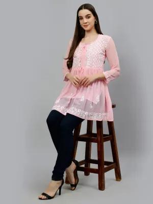 Pink Georgette Lucknowi Chikankari Short Frock Top with Slip