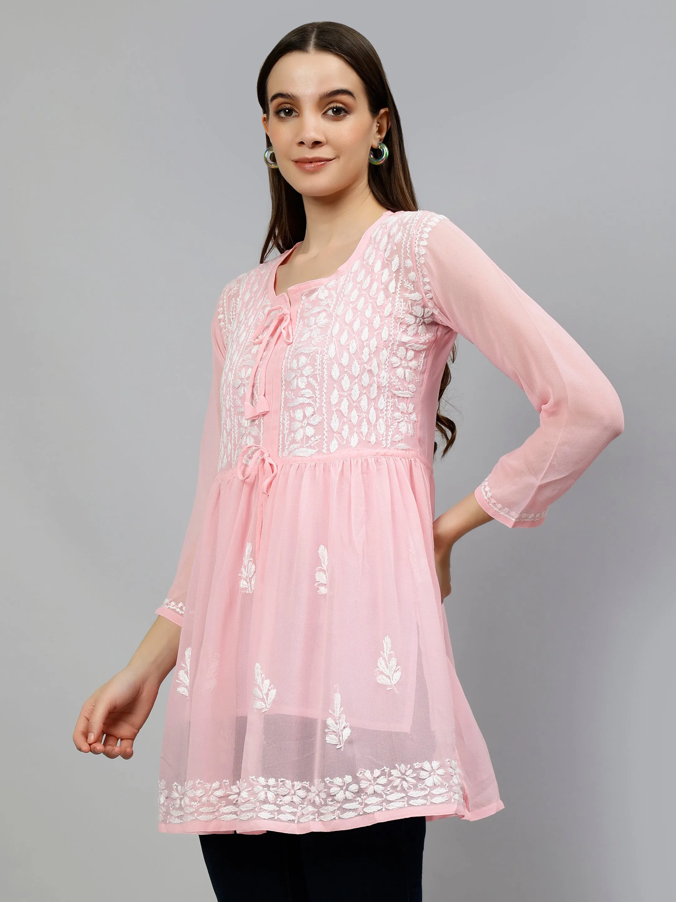 Pink Georgette Lucknowi Chikankari Short Frock Top with Slip