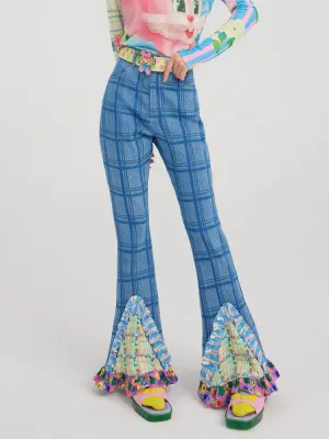 Plaid Stretch Print Flared Jeans