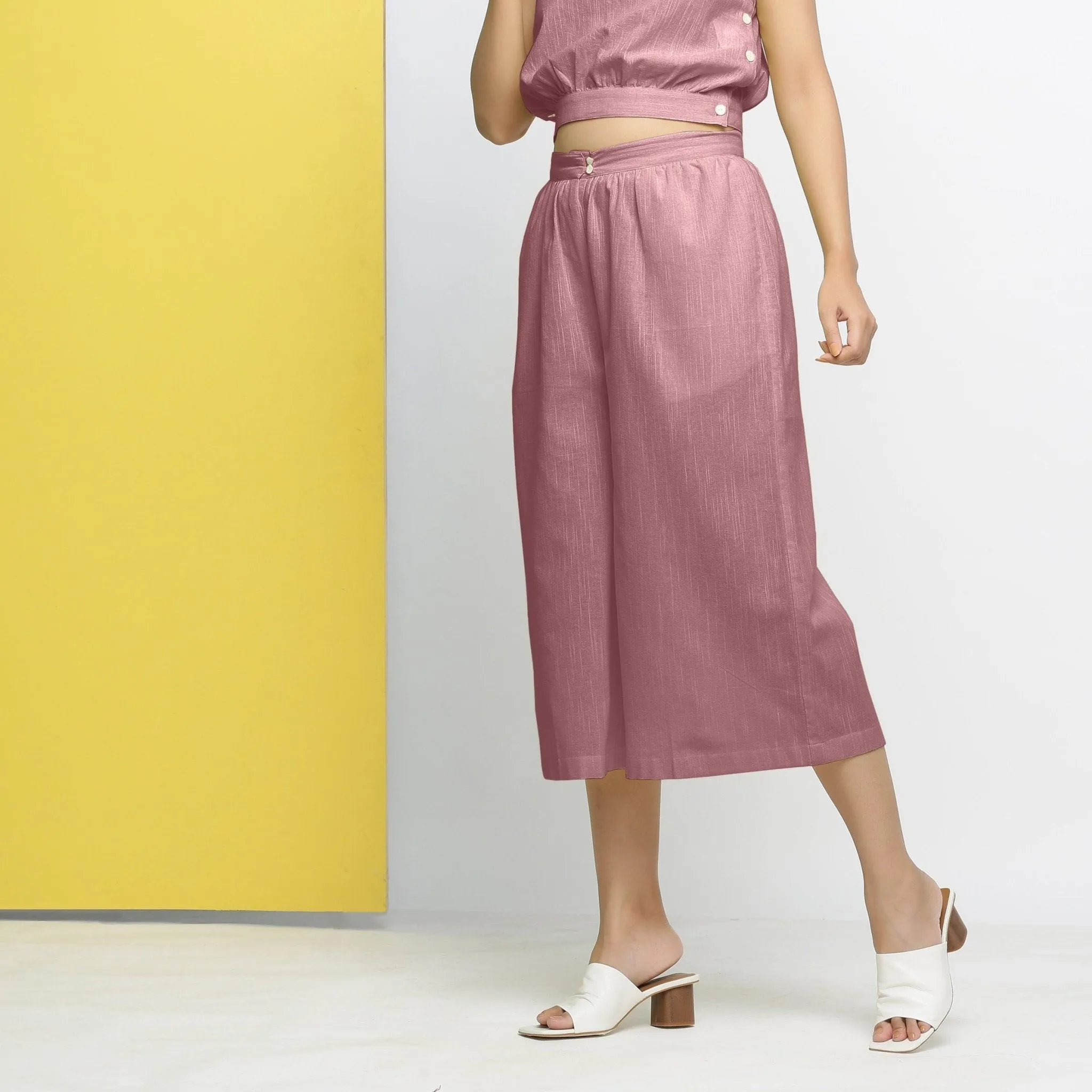Purple Yarn Dyed Cotton Mid-Rise Flared Culottes