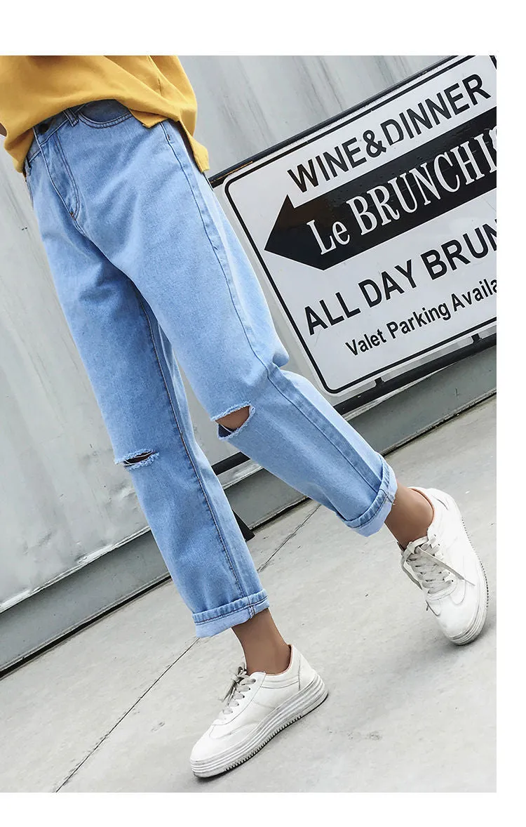 Ripped Denim Pants Women High Waist Straight Ankle-Length Pants BF Loose Carrot Baggy Pants