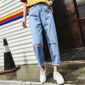 Ripped Denim Pants Women High Waist Straight Ankle-Length Pants BF Loose Carrot Baggy Pants
