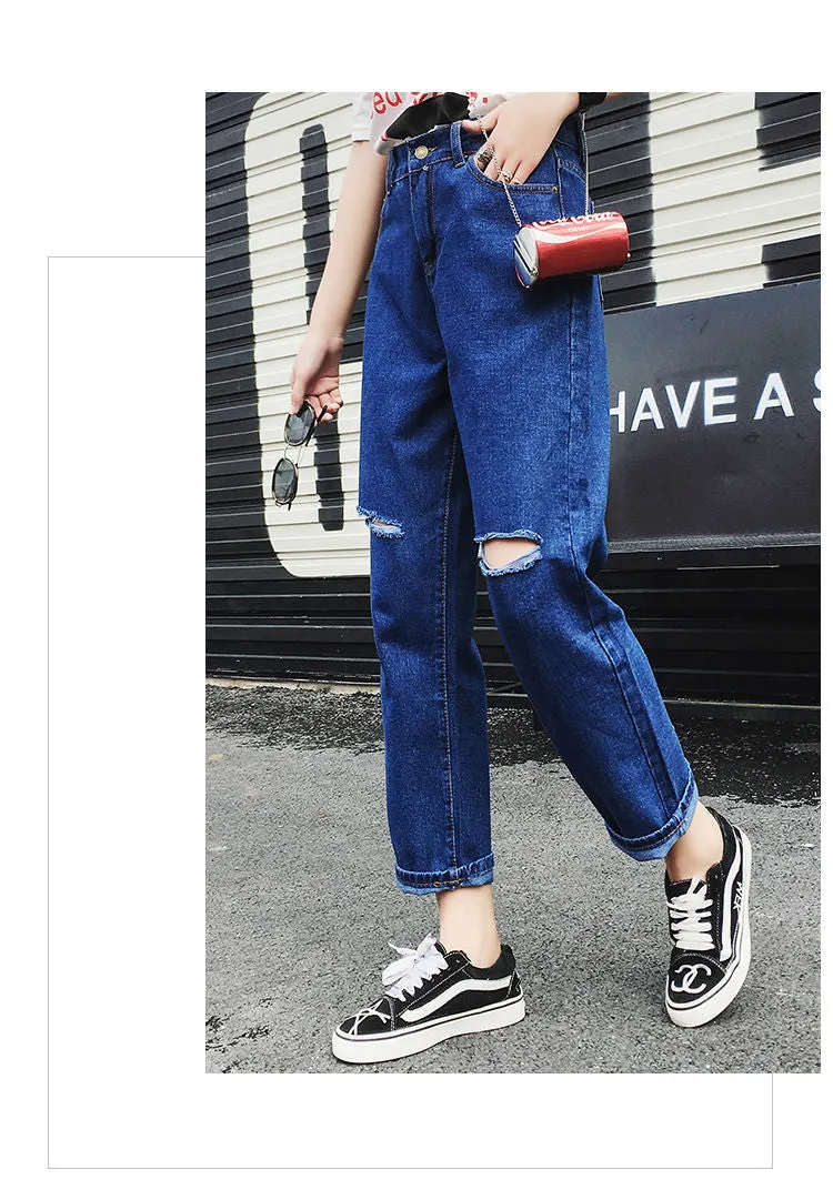 Ripped Denim Pants Women High Waist Straight Ankle-Length Pants BF Loose Carrot Baggy Pants