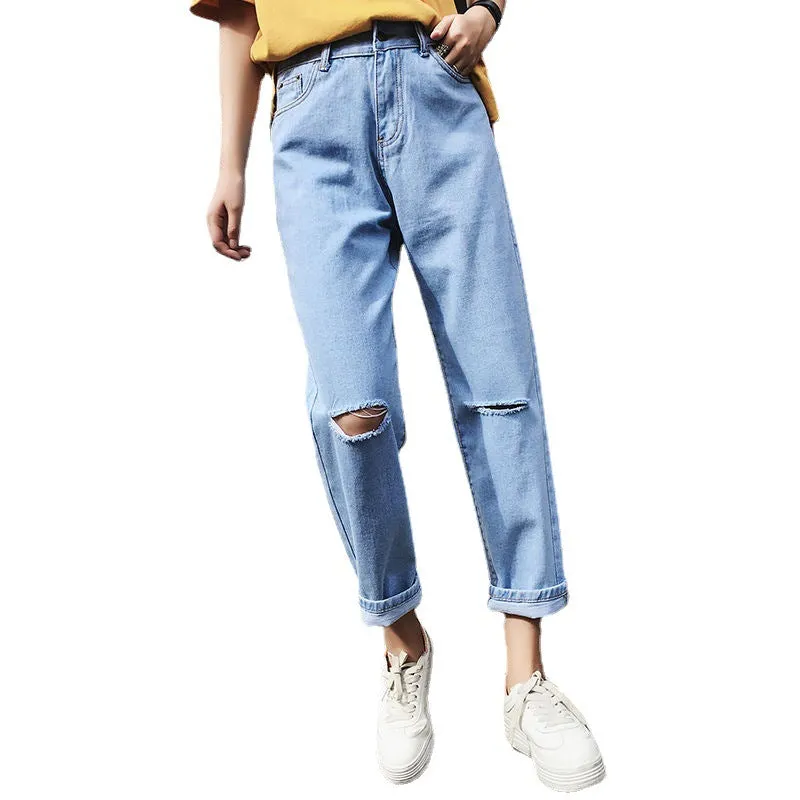 Ripped Denim Pants Women High Waist Straight Ankle-Length Pants BF Loose Carrot Baggy Pants