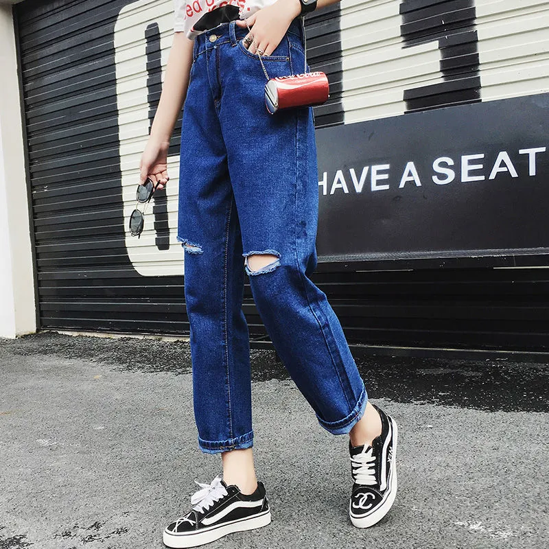 Ripped Denim Pants Women High Waist Straight Ankle-Length Pants BF Loose Carrot Baggy Pants