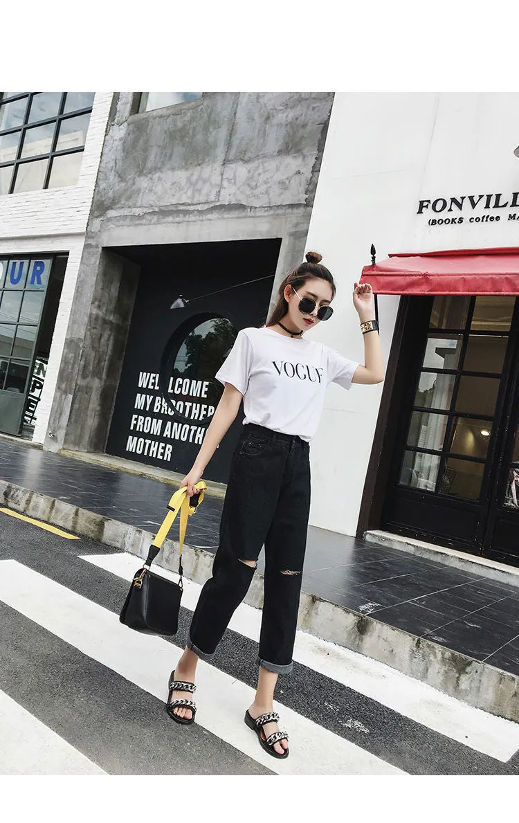 Ripped Denim Pants Women High Waist Straight Ankle-Length Pants BF Loose Carrot Baggy Pants
