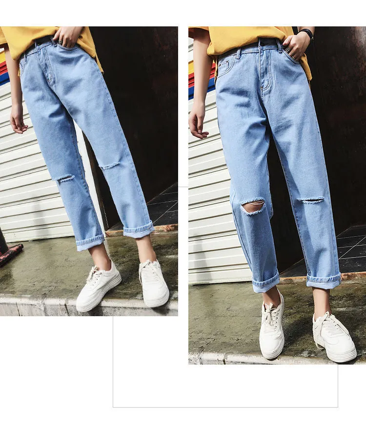 Ripped Denim Pants Women High Waist Straight Ankle-Length Pants BF Loose Carrot Baggy Pants