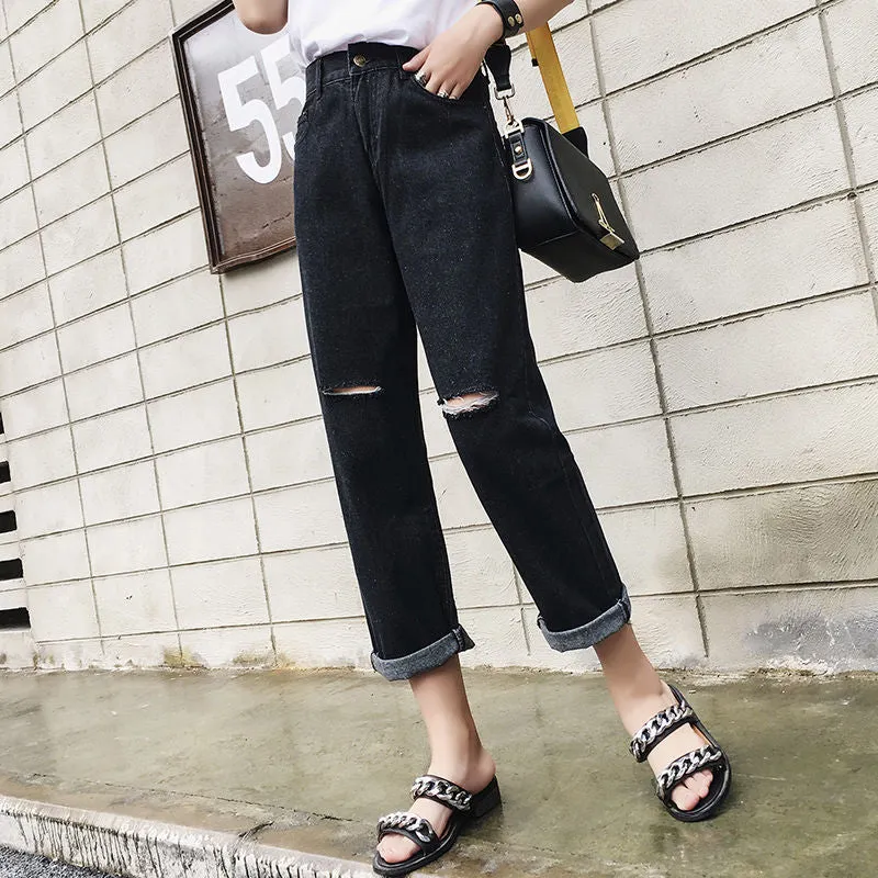 Ripped Denim Pants Women High Waist Straight Ankle-Length Pants BF Loose Carrot Baggy Pants
