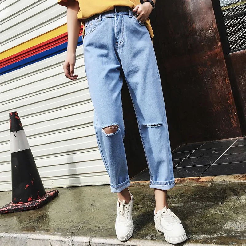 Ripped Denim Pants Women High Waist Straight Ankle-Length Pants BF Loose Carrot Baggy Pants