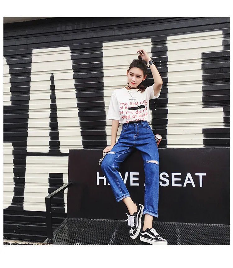 Ripped Denim Pants Women High Waist Straight Ankle-Length Pants BF Loose Carrot Baggy Pants