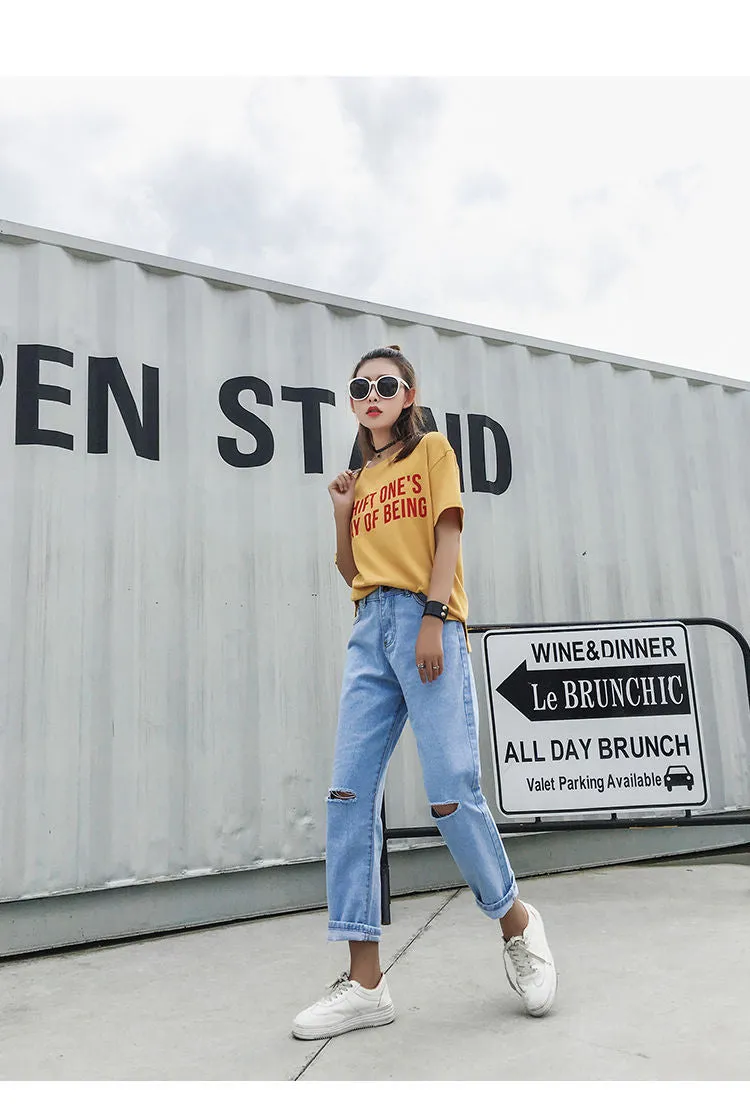 Ripped Denim Pants Women High Waist Straight Ankle-Length Pants BF Loose Carrot Baggy Pants