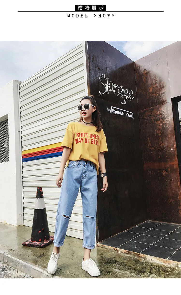 Ripped Denim Pants Women High Waist Straight Ankle-Length Pants BF Loose Carrot Baggy Pants