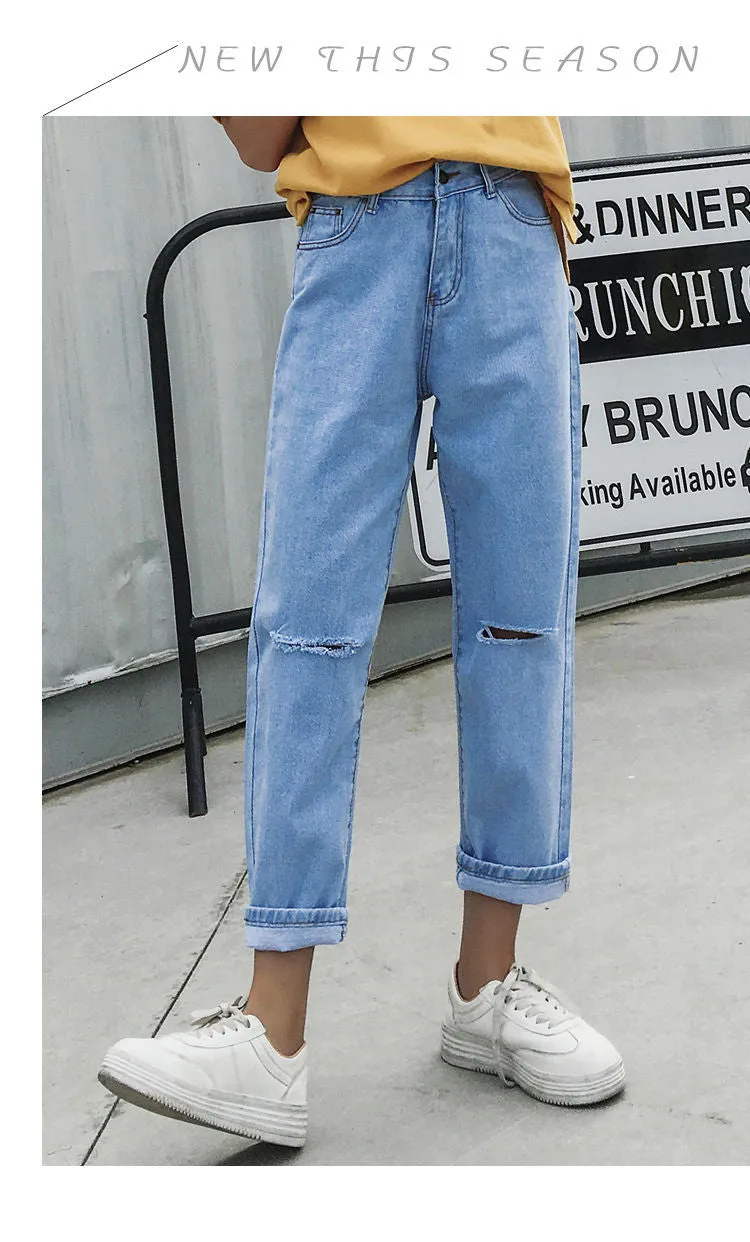 Ripped Denim Pants Women High Waist Straight Ankle-Length Pants BF Loose Carrot Baggy Pants