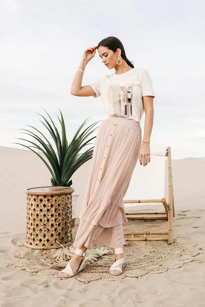Self Dot Button Front Maxi Skirt in Blush