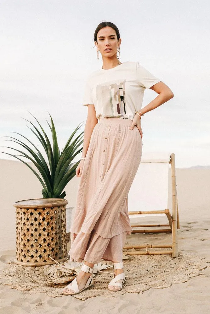 Self Dot Button Front Maxi Skirt in Blush