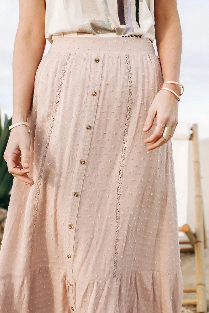 Self Dot Button Front Maxi Skirt in Blush