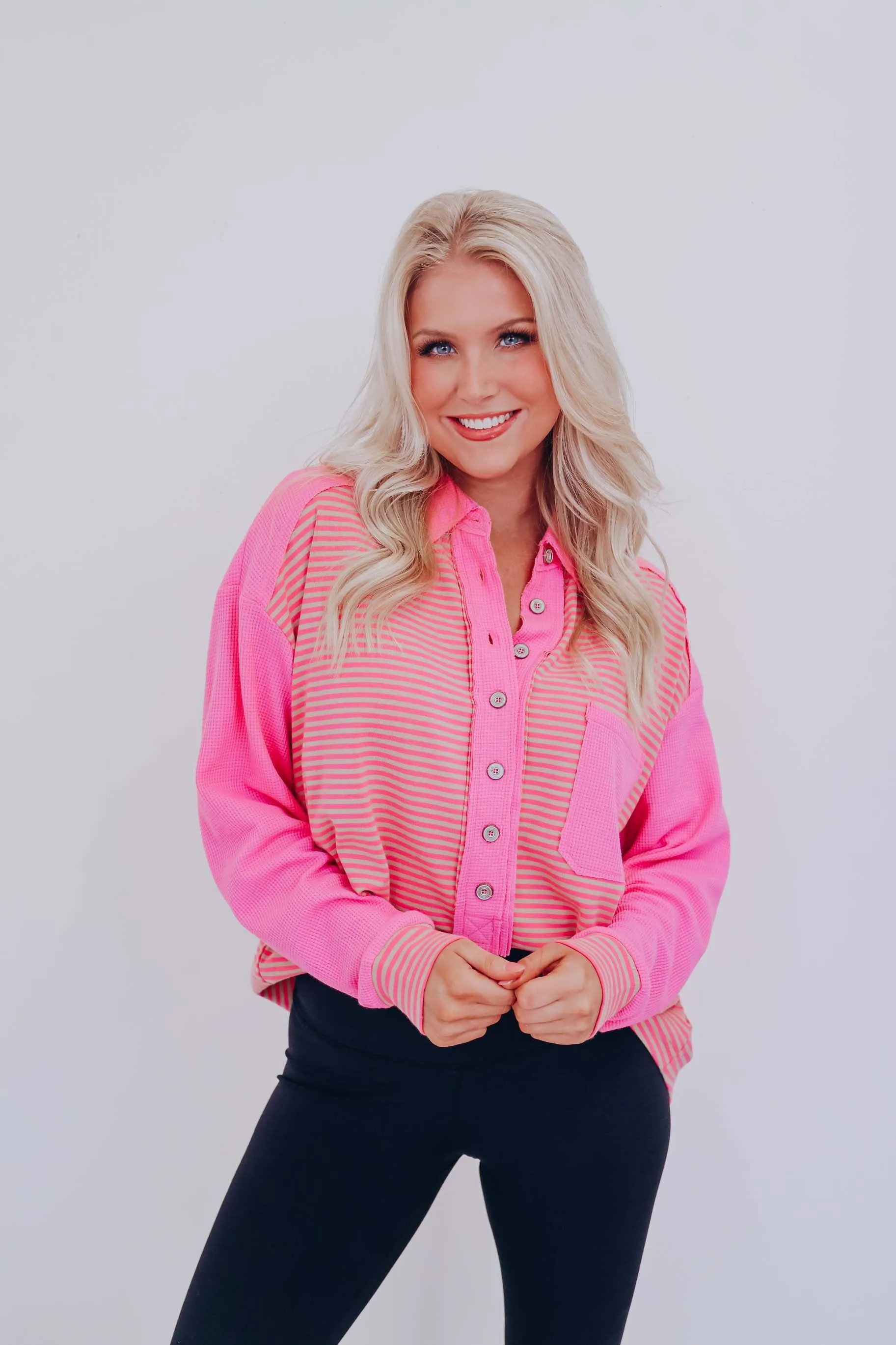 Serenity Striped Henley Top- Pink