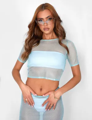 Sheer Shimmer Knitted T-shirt Top Blue