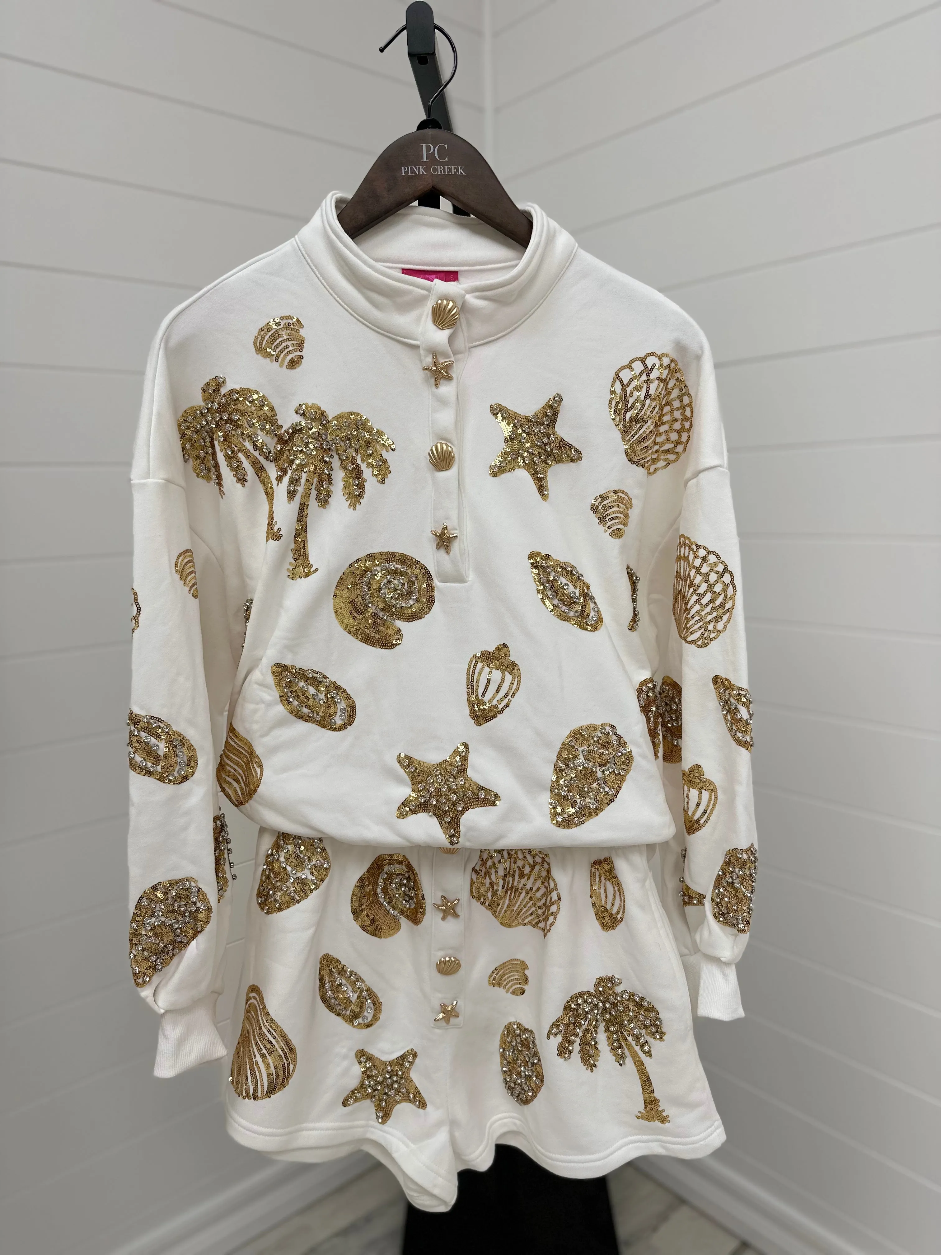 Shell Henley Shorts - White & Gold [Queen of Sparkles]