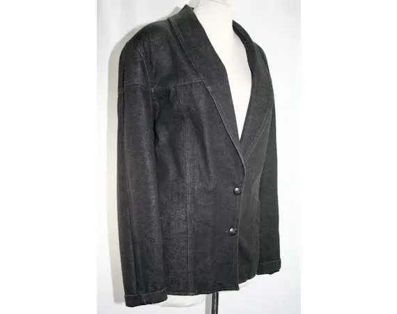 Size 14 Sonia Rykiel Jean Jacket - Inscription 1990s Black Denim Blazer with Vintage Logo - Large 90s Designer Denim - Bust 46 41066