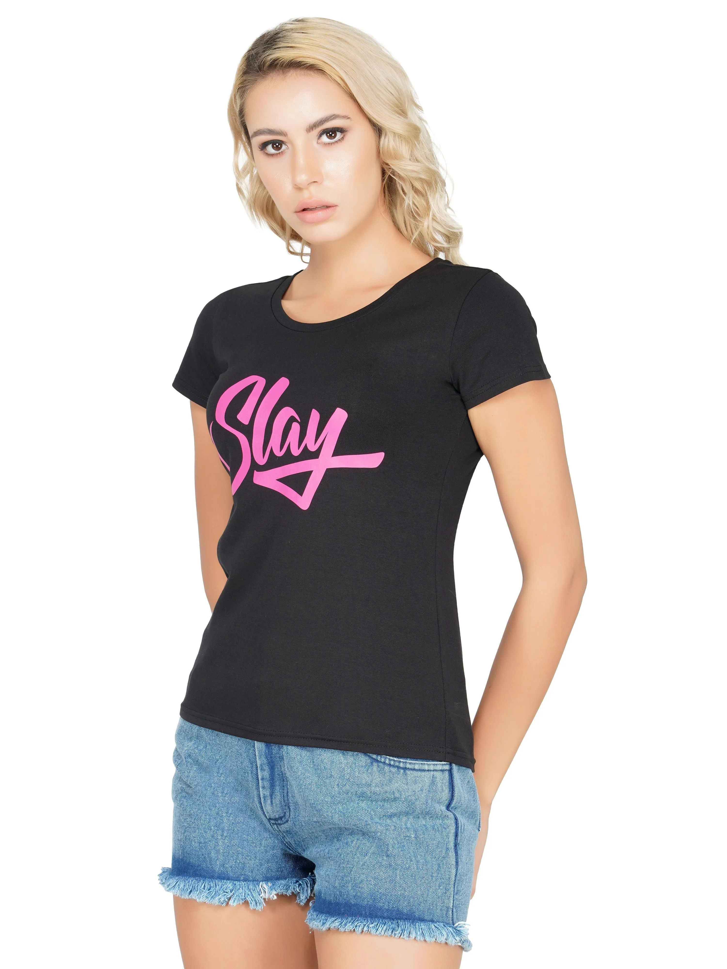 SLAY. Women's Black Pink Print T-shirt