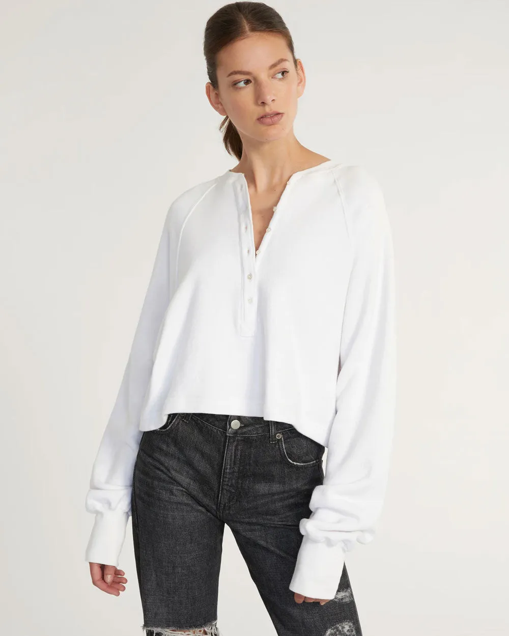 So Uptight Plunge Henley White Sweatshirt