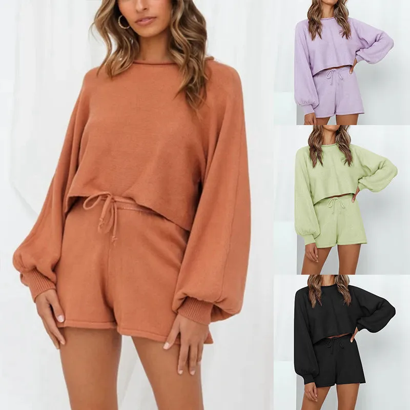Solid Color Long Sleeve Sweater ＆ Shorts Pants