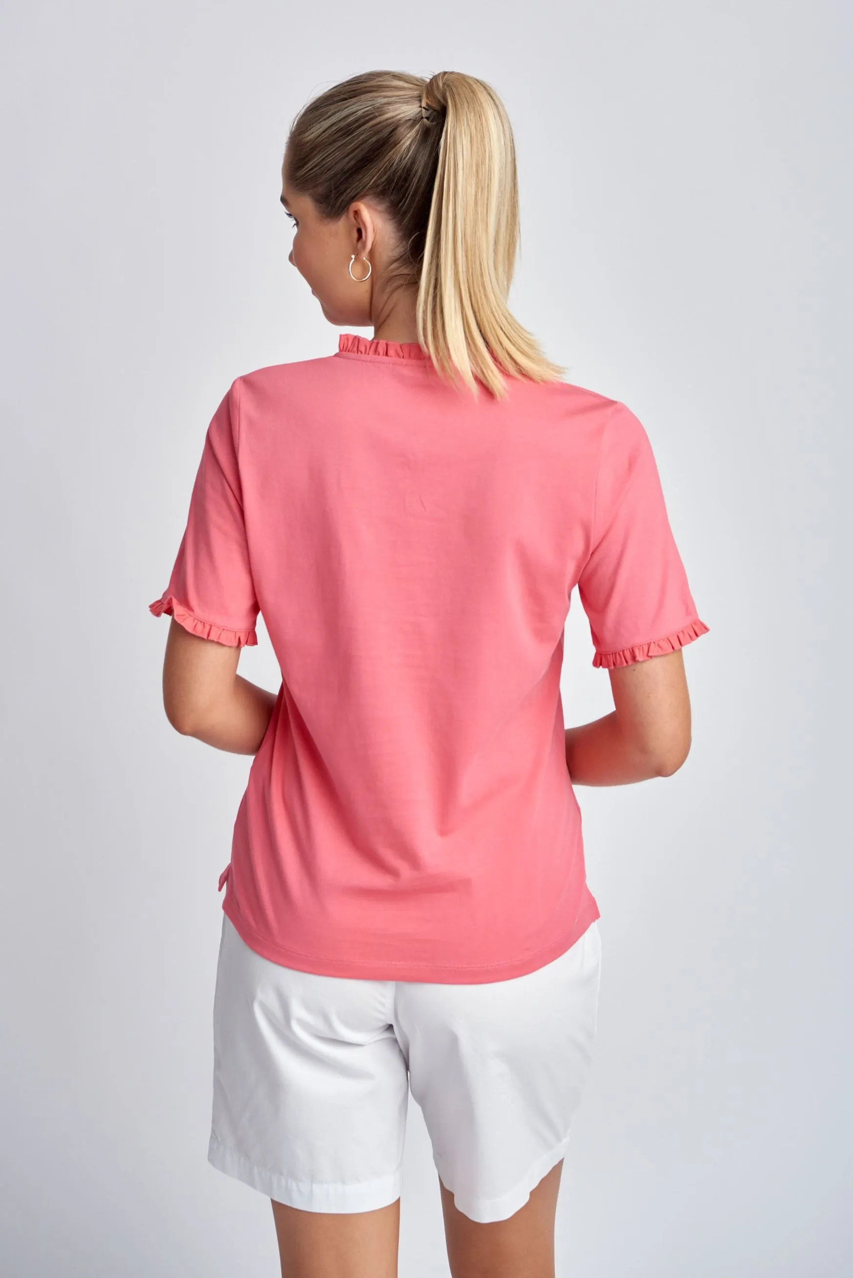 Solid Frill Henley Cotton Tee Coral
