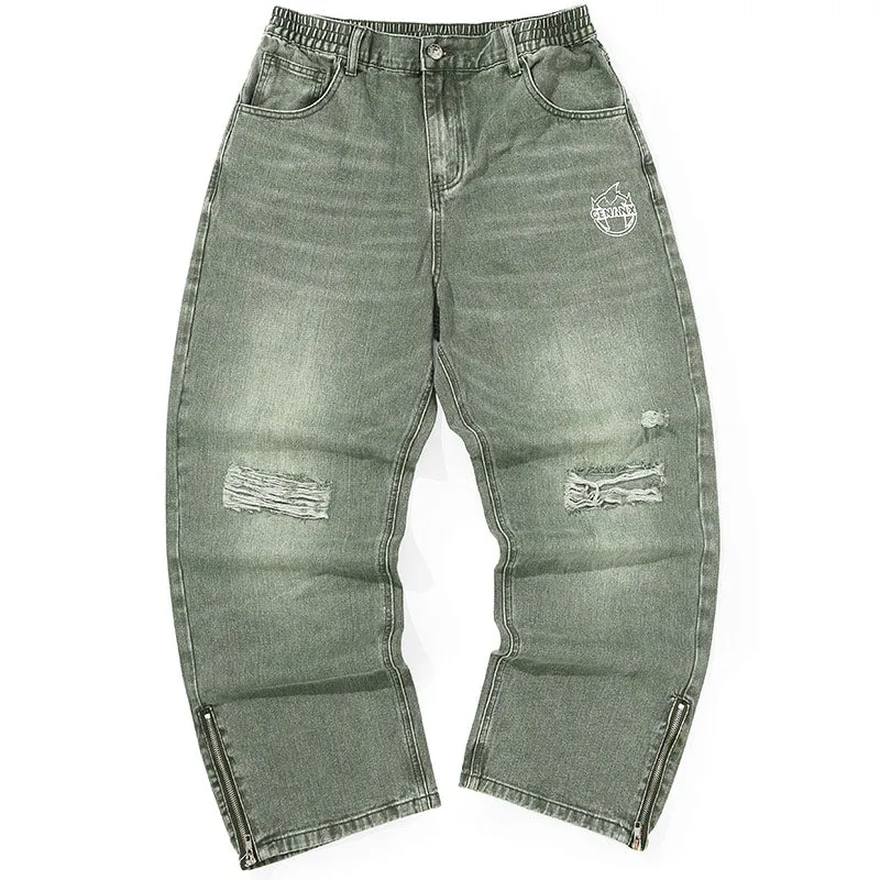 Street Ripped Split Straight Zipper Denim Pants