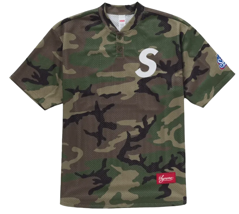 Supreme S Logo Baseball Henley Woodland Camo