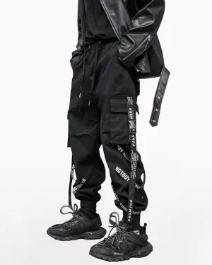Techwear Multi-Ribbon Black Cargo Pants