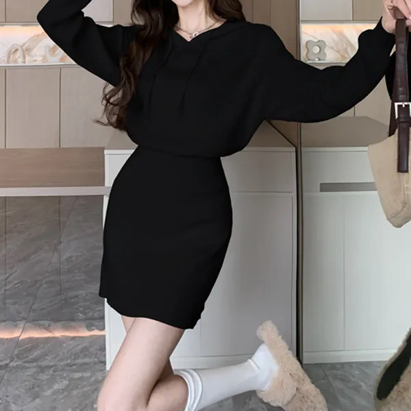Temperament Hooded Sweatshirt Knitted Sweater Dress