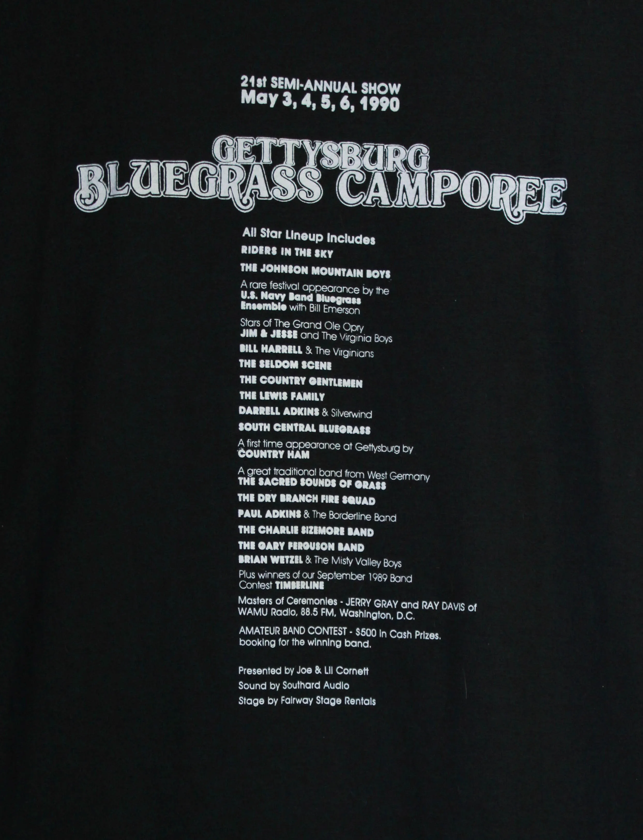 Vintage 1990 Gettysburg Bluegrass Camporee Concert T Shirt Silver Black Unisex Large