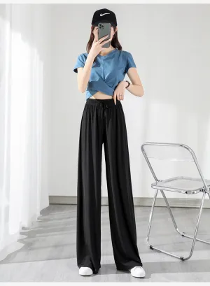 White Ice Silk Wide Leg Pants Women Summer Thin High Waist Drape Petite Loose Straight Floor Length Pants