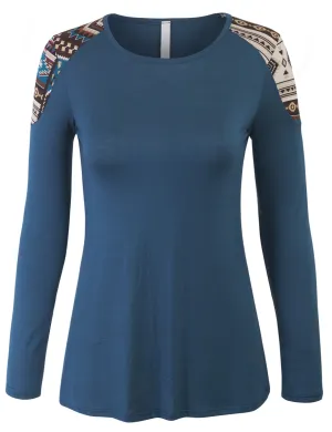 Womens Fashion T shirts Top with Aztec Print Sleeve