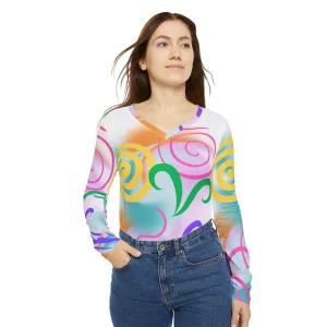 Women's Long Sleeve Shirt - Playful Swirl Patterns V-Neck Design
