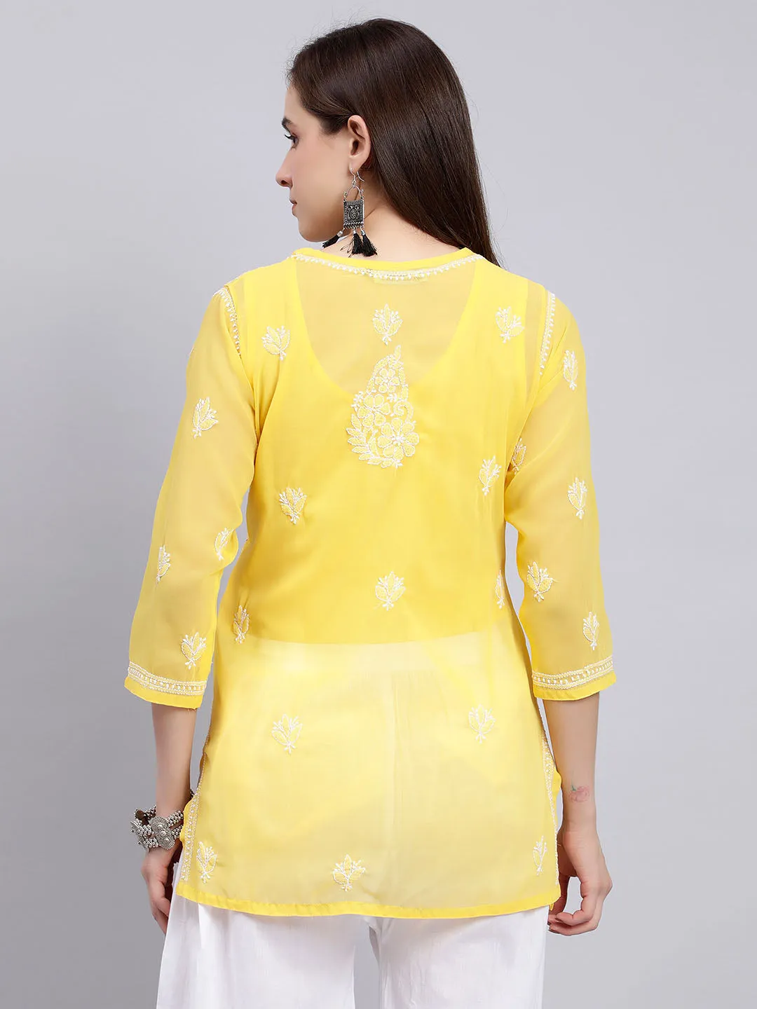 Yellow Georgette Chikankari Tunic Top With Inner Slip
