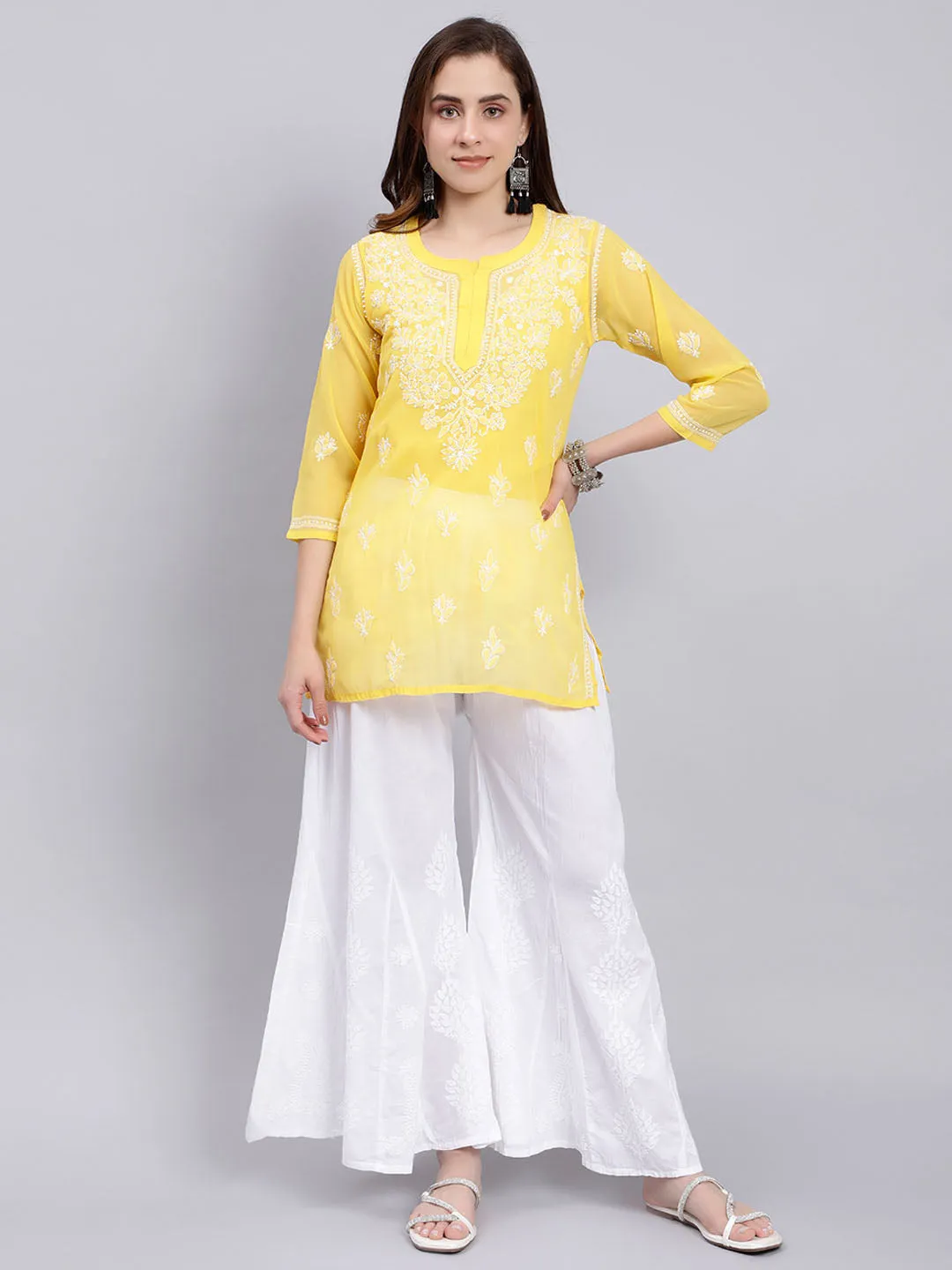Yellow Georgette Chikankari Tunic Top With Inner Slip