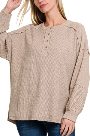 Zenana Frosty Feels Ash Mocha Brushed Hacci Henley Sweater