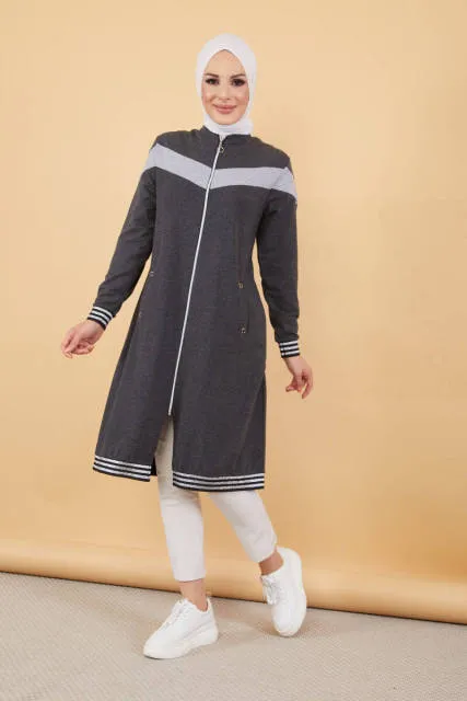 Zipper Front Striped Islamic Muslima Jacket